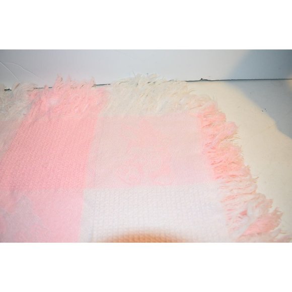 VTG Baby Blanket Pastel Pink Acrylic Fringed Knit Bunny Rabbit Waffle - Picture 5 of 5